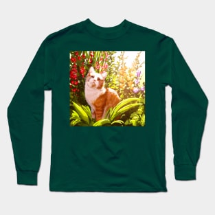 Patterned white orange Cat Chilling in the garden surrounded by flowers Long Sleeve T-Shirt